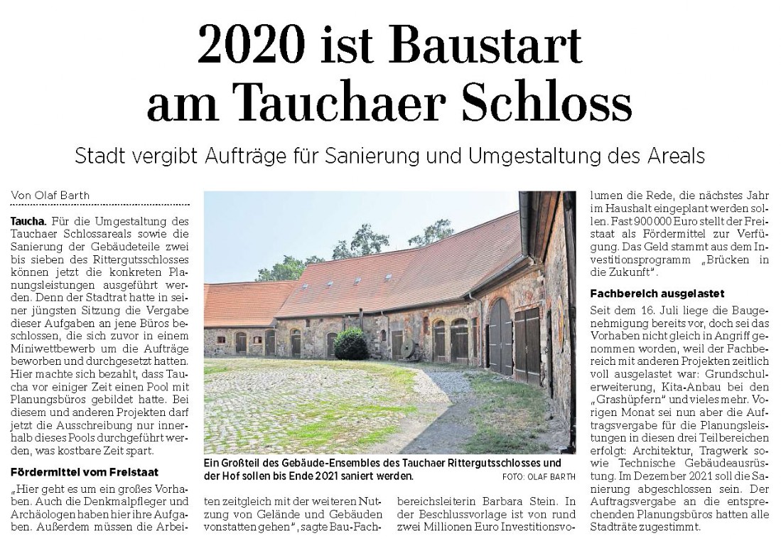 2020 ist Baustart am Tauchaer Schloss / LVZ 03.12.2019 2020 ist Baustart am Tauchaer Schloss / LVZ 03.12.2019